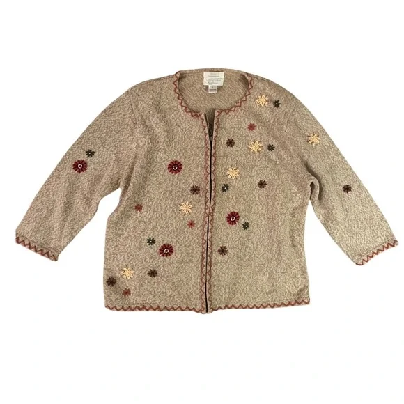 Vintage 90s Women's Hand Embroidered Floral Full Zip Natural Material Sweater- L - Picture 2 of 7